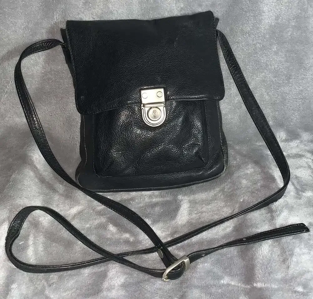 Black Leather Messenger Bag, Flap Over